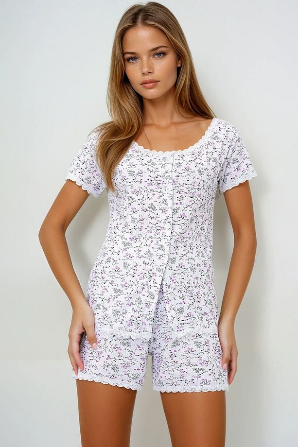 Kadın Mikro Çiçek Mor Fisto Detaylı Pamuklu Geniş Yaka Gömlek Ve Şortlu Pijama Takımı Pjmx13899 - 4