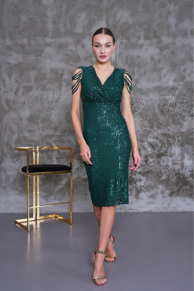 Sequin Sequined Midi Pencil Evening Dress Dress Double Breasted Collar Sleeveless Front Slit Hijab