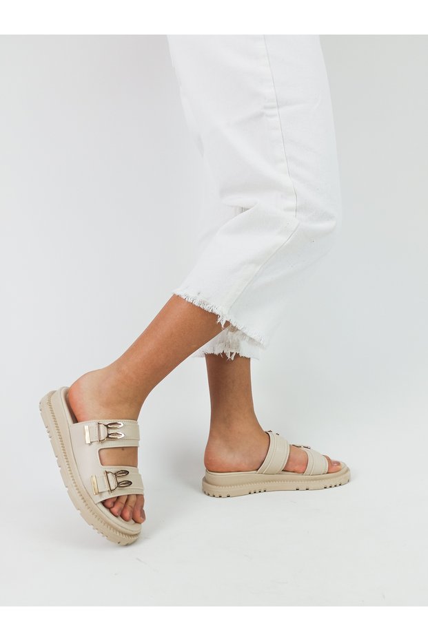 Beige Color Rabbit Buckle Detailed Flat Sole Women's Slippers