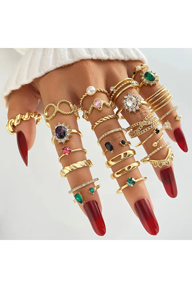 Yasel - Stylish Vintage & Bohemian Multiple Gold Gold Ring Set with 25 Piece Rhinestone Stone Design Figure
