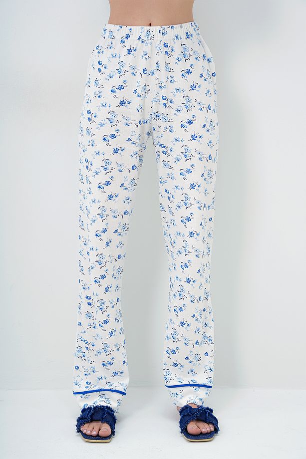 Kadın Mikro Çiçek Saks Tek Cepli Biye Detaylı Pamuklu Gömlek Ve Pantolonlu Pijama Takımı - 4