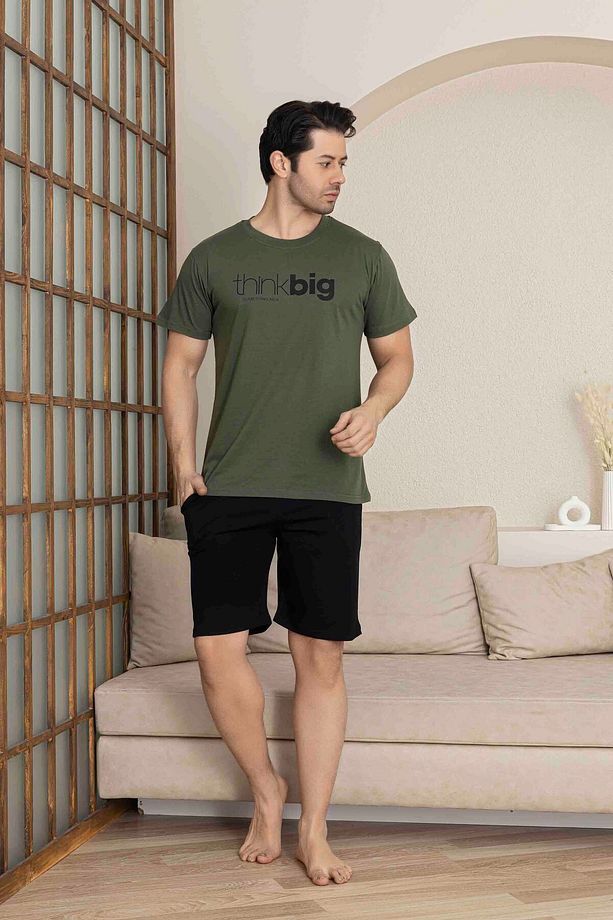 Erkek %100 Pamuk Yeşil Siyah Thinkbig Baskılı Kısa Kol Şortlu Pijama Takımı - 3
