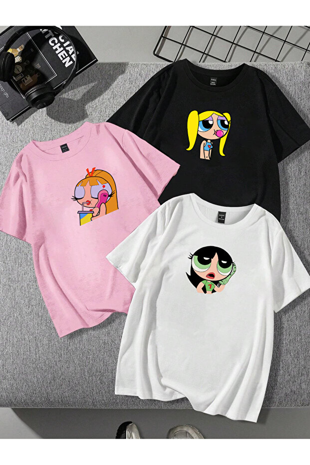 تيشيرت كبير الحجم بتصميم مجموعة زوجين من Powerpuff Girls مطبوع عليه 3 قطع