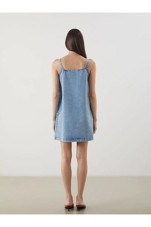LCW Vision Indigo U Yaka Askılı Jean Elbise - 4