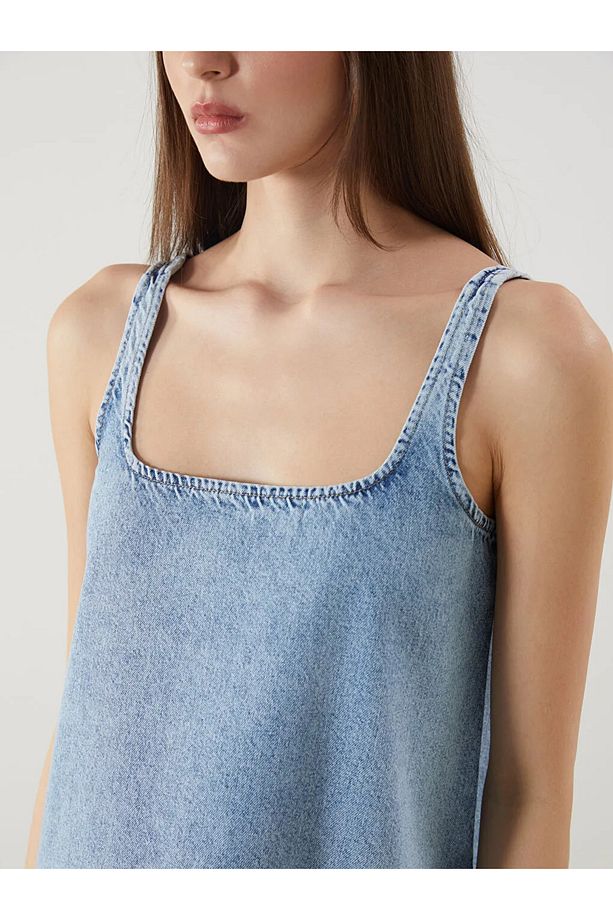LCW Vision Indigo U Yaka Askılı Jean Elbise - 3