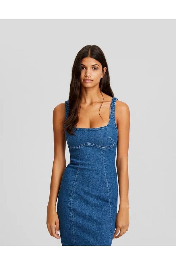 ALLBUCKS BERSH KA Askılı Yırtmaçlı Streç Uzun Midi Denim Elbise Abbrs0009 - 4