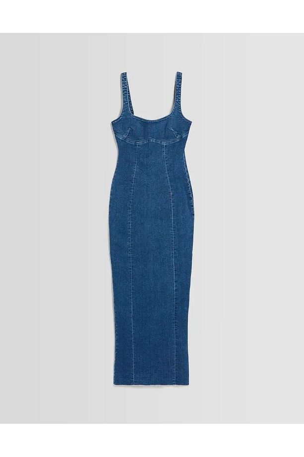 ALLBUCKS BERSH KA Askılı Yırtmaçlı Streç Uzun Midi Denim Elbise Abbrs0009 - 5
