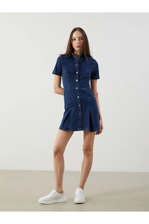LCW Vision Indigo Gömlek Yaka Jean Elbise - 2