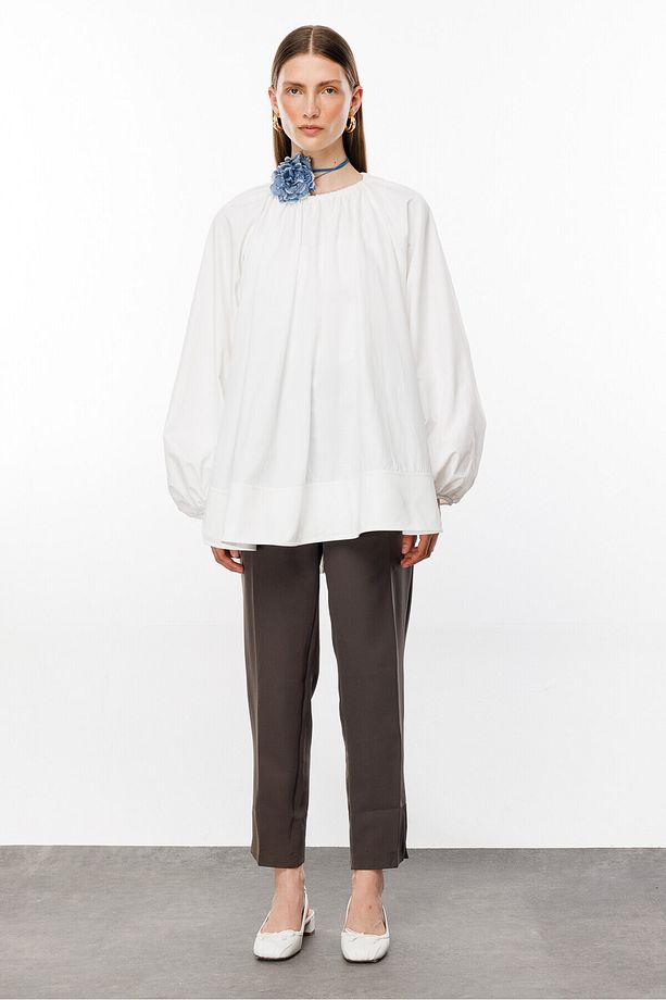 Ekru Volanlı Poplin Bluz - 7