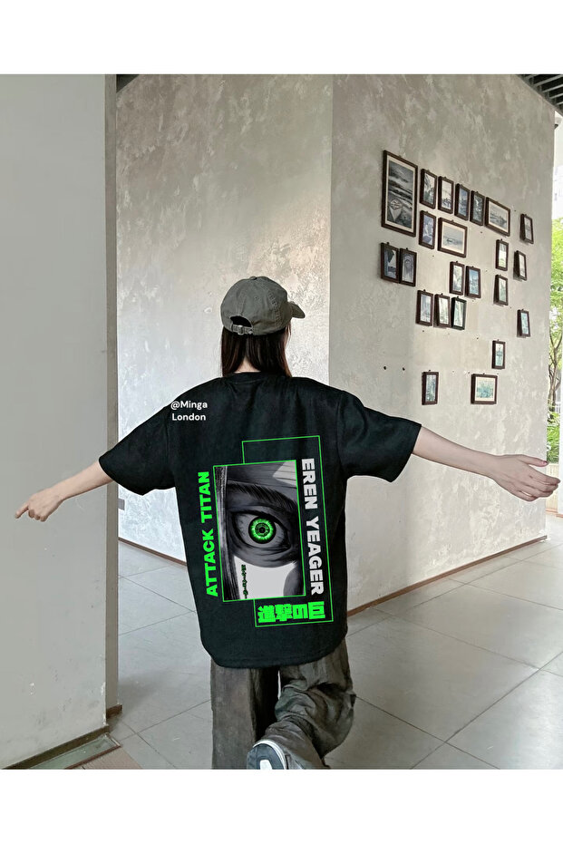 Black Attack on Titan Eren Yeager Printed Oversize Unisex T-Shirt -Mingalondon