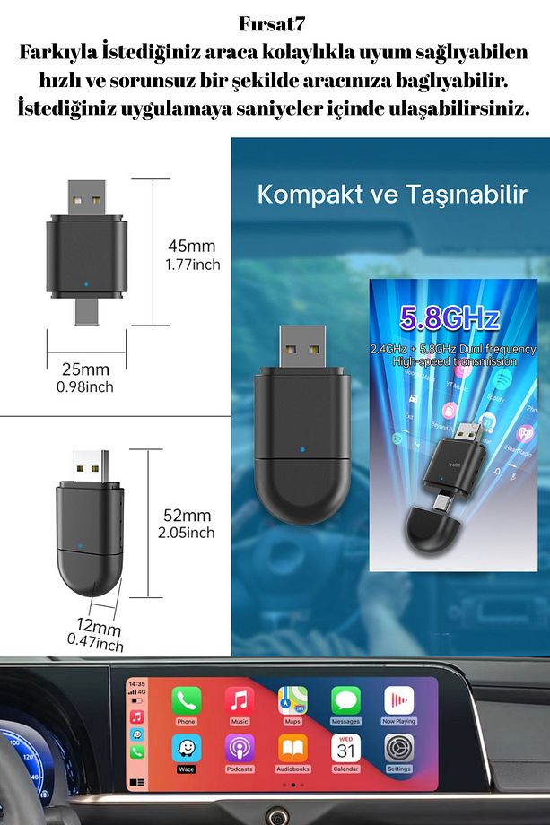 Mini Carplay 2in1 Araç Kiti Wireless/kablosuz Carplay Ve Android Araç Adaptörü Type-c Usb'li - 4
