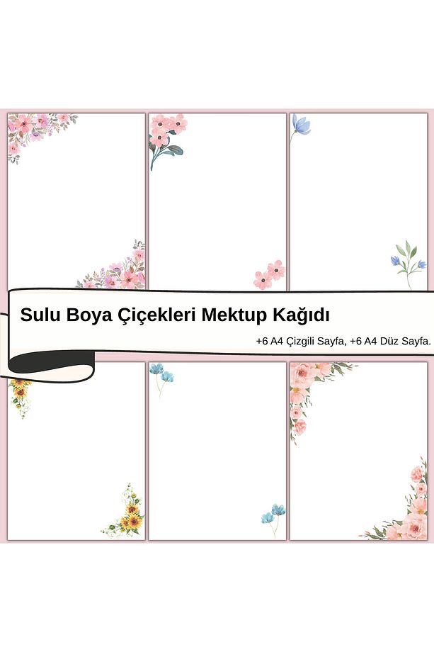 Sulu Boya Çiçekleri Mektup Not Kağıdı, +6 Düz kağıt +6 Çizgili Kağıt (A4 Boyut) - 2