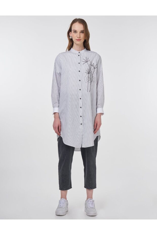 Stripe Pattern Judge Collar Tunic Black - 3