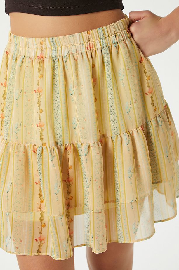 Kadın Juliet Sarı Çiçek Desen Astarlı Volanlı Mini Şifon Dokuma Etek - 3