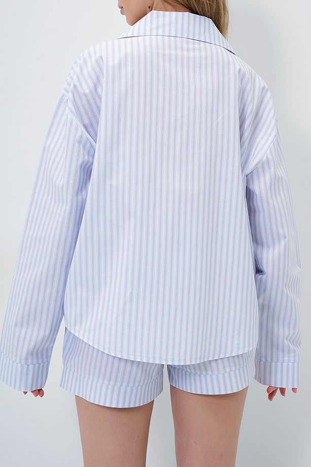 Kadın Pembe Mavi Duble Manşet Ve Paça Detaylı Dokuma Gömlek Ve Şortlu Pijama Takımı Pjmx13919 - 5