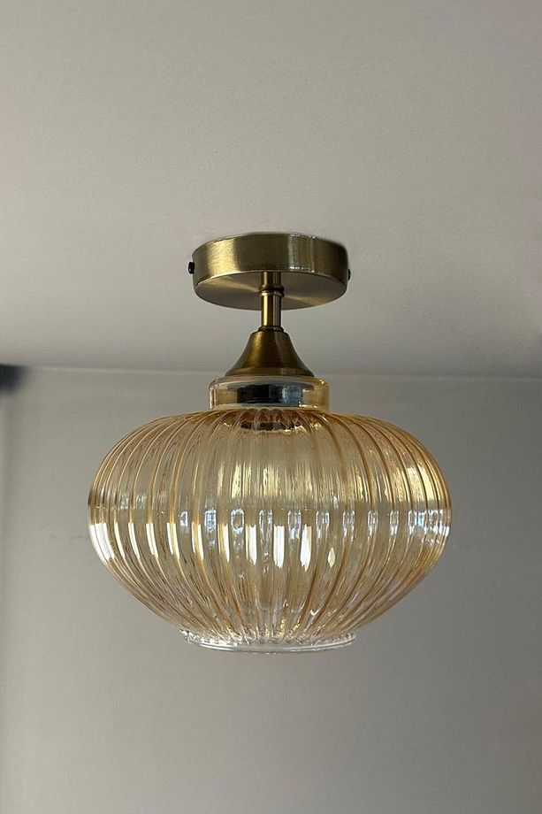 Ruiz Cam Bal Rengi Piramit Plafonyer Başlık Tekli Avize Retro Sarkıt Lamba Restoran Salon Aydınlatma - 3