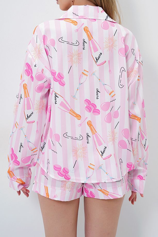 Kadın Pembe-ekru Duble Manşet Ve Paça Detaylı Dokuma Gömlek Ve Şortlu Pijama Takımı Pjmx13919 - 5