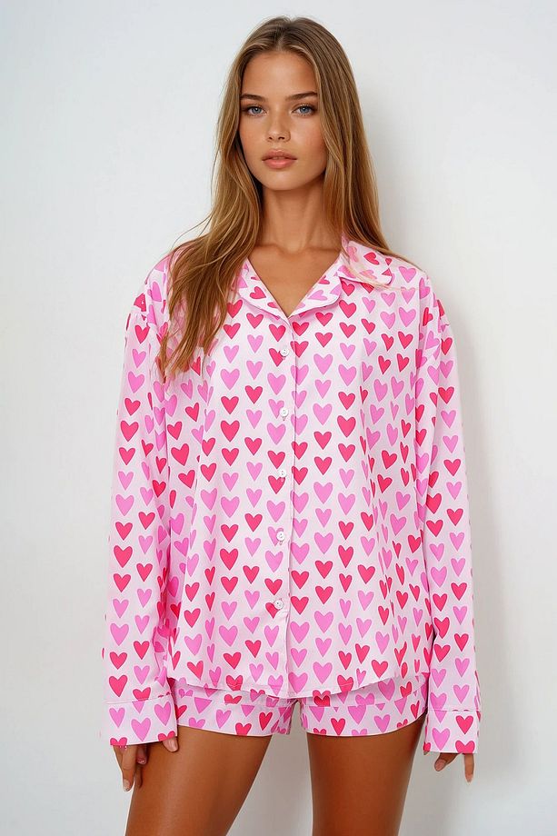 Kadın Pembe-kırmızı Duble Manşet Ve Paça Detaylı Dokuma Gömlek Ve Şortlu Pijama Takımı Pjmx13919 - 1