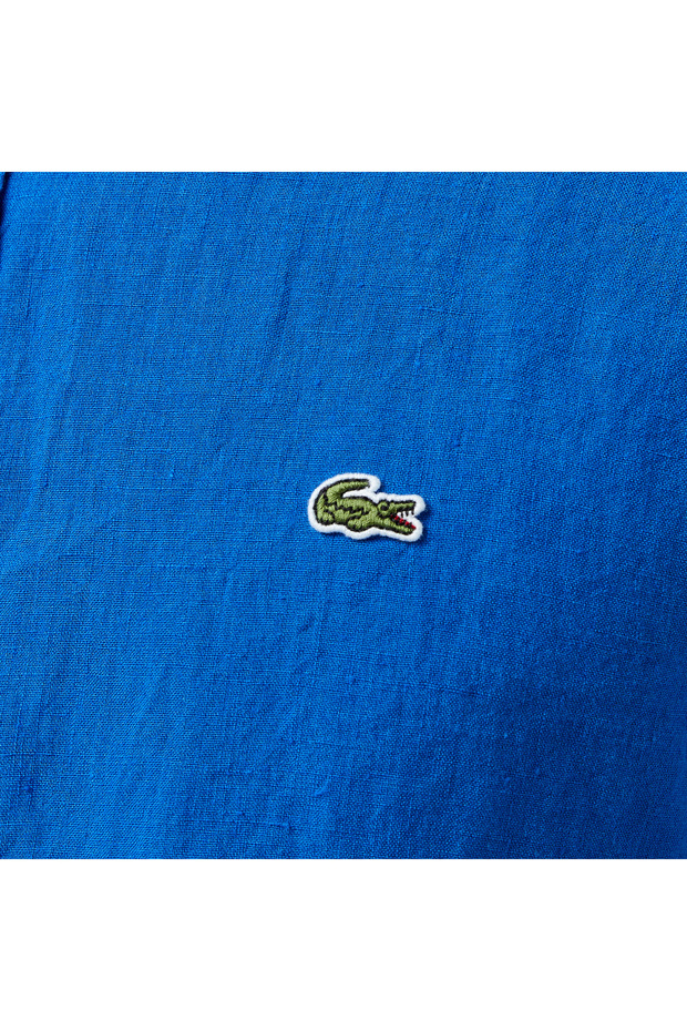 Erkek Regular Fit Düğmeli Yaka Keten Mavi Gömlek - 5