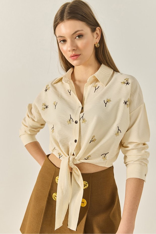 Women's Butter Daisy Embroidered Short Viscose Shirt with Tie Detail Mg6282 60283243