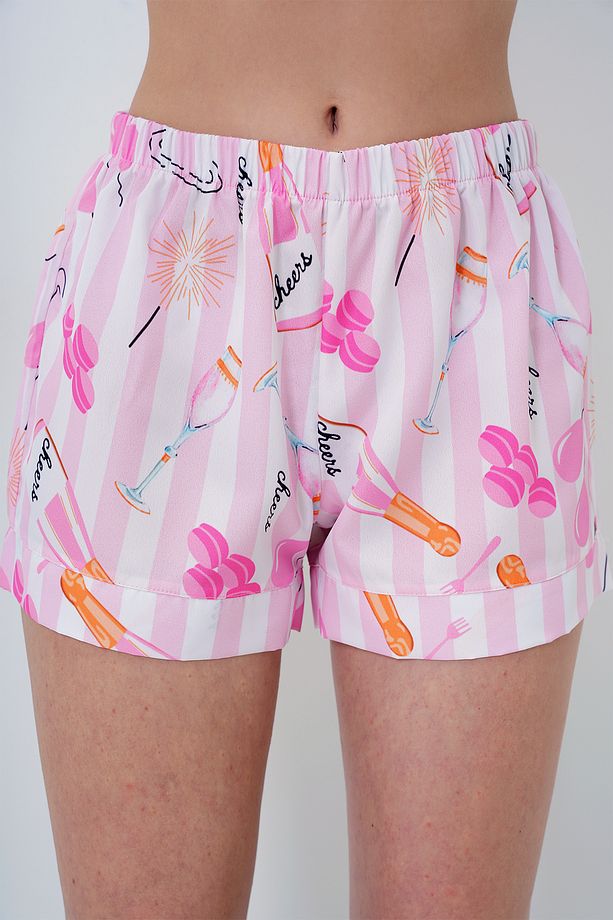 Kadın Pembe-ekru Duble Manşet Ve Paça Detaylı Dokuma Gömlek Ve Şortlu Pijama Takımı Pjmx13919 - 4