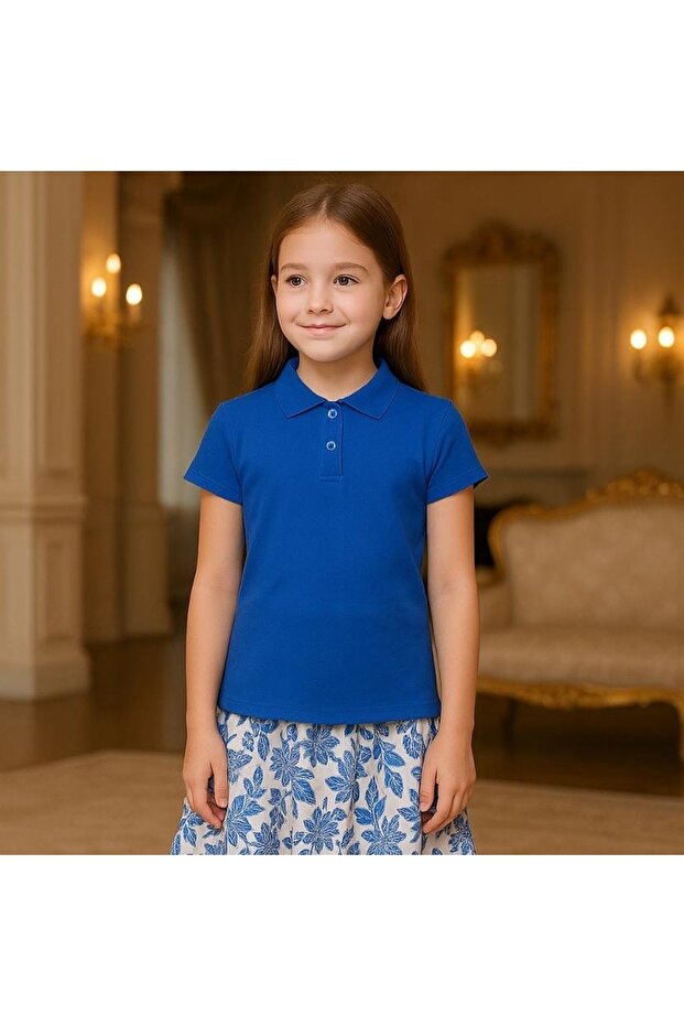 Polo Neck Short Sleeve Cobalt blue Girl School T-Shirt
