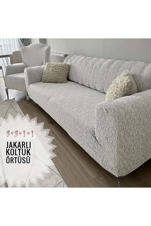 Jakarlı3 3 1 1 Lastikli Kanepe Örtüsü Lastikli Koltuk Örtüsü Chester Koltuk Kılıfı (TAŞ GRİ) - 1