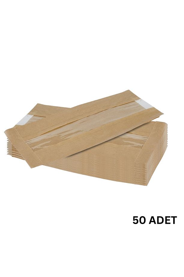 Kraft Şamua Pencereli Kese Kağıdı, Körüklü Ambalaj Poşeti, Butik Hediye Paketi, 50 Adet, 15x40 Cm - 1