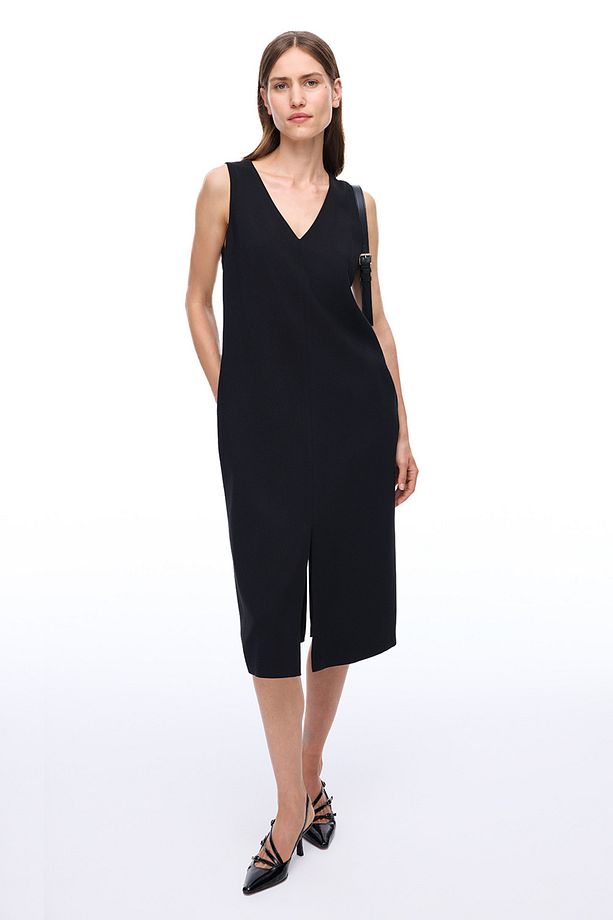 Seras Regular Fit Midi Boy Sıfır Kol V-Yaka Siyah Elbise - 1
