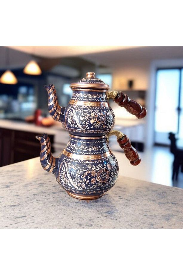 İşlemeli Bakır Çaydanlık Seti 2 Kişilik 1.5 Litrelik Mor Çaydanlık Bakır Demlik El Yapımı Şık Çeyiz - 2