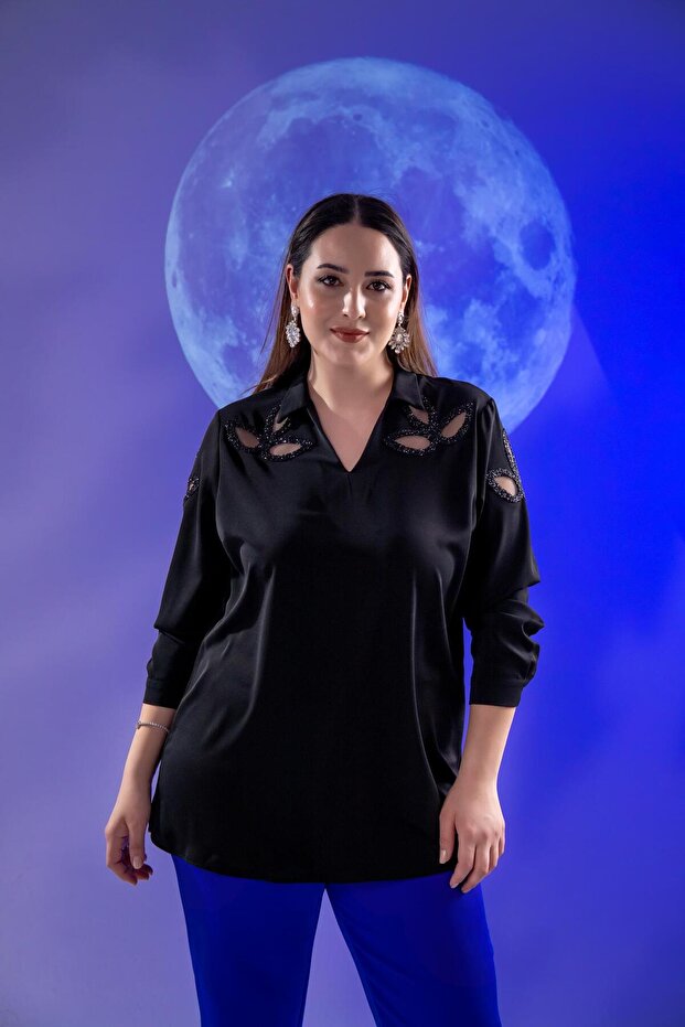 1122502 Drop Stone Blouse Black