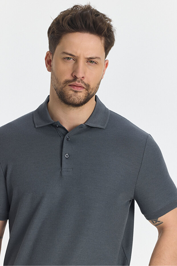 Walfer Men's Anthracite Lycra Cotton Blend Slim Fit Non-Curling Polo Collar T-Shirt