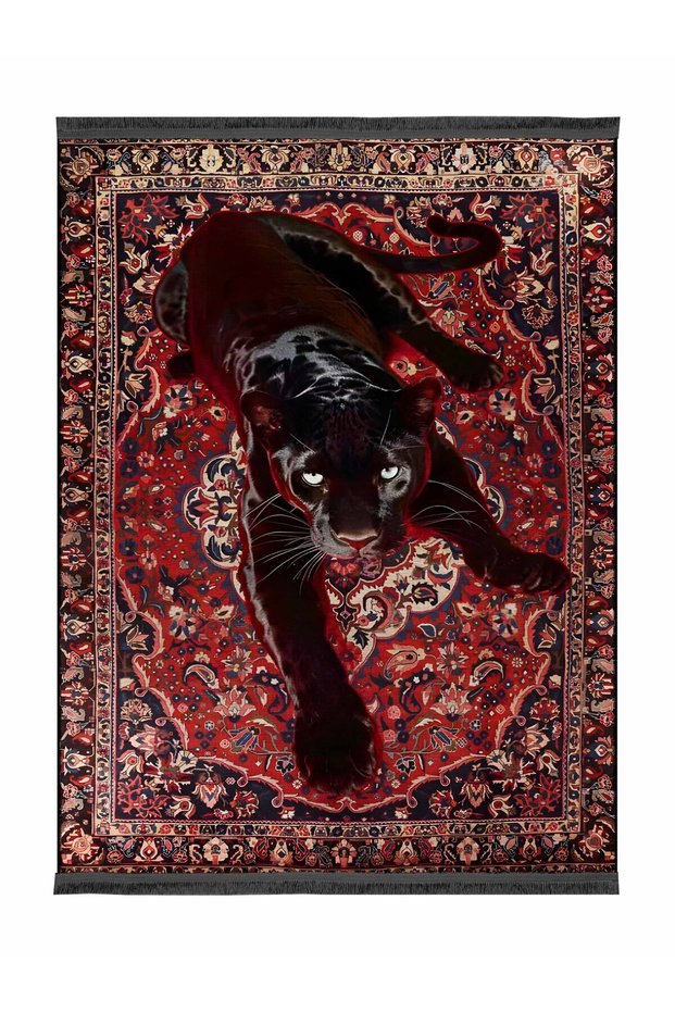 Nilla Collection Claret Red Themed Noble Panther Patterned Woven Base Vintage Decorative Carpet 05