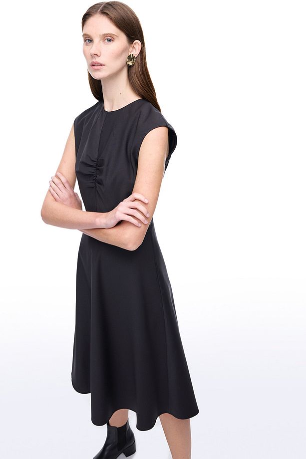 Alfios Regular Fit Midi Boy Düşük Kollu Bisiklet Yaka Siyah Elbise - 3