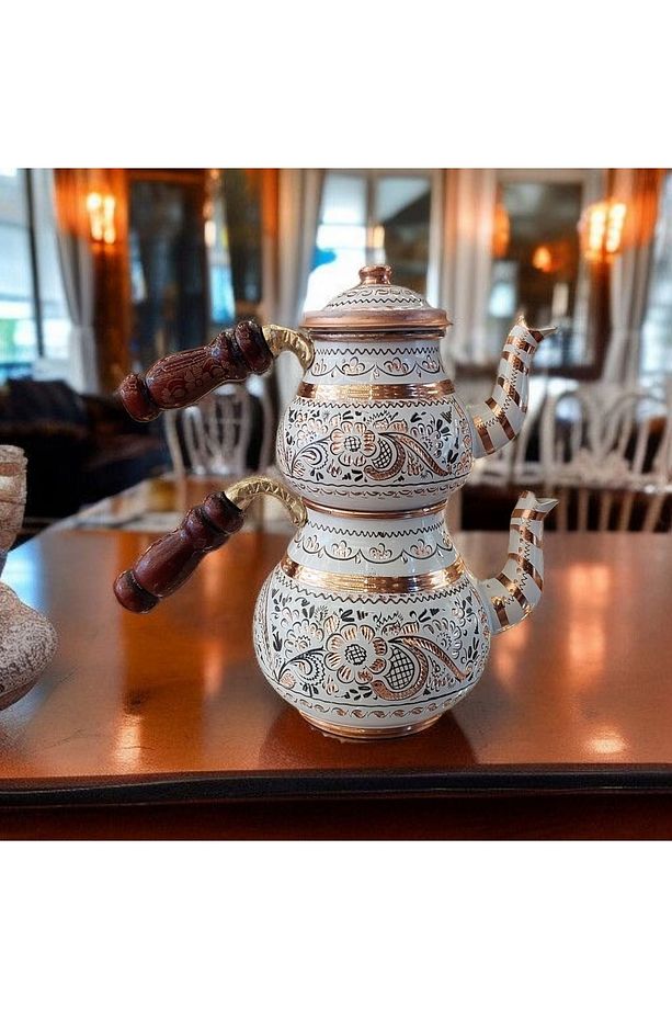 İşlemeli Bakır Çaydanlık Seti 2 Kişilik 1.5 Litrelik Beyaz Çaydanlık Bakır Demlik El Yapımı ŞıkÇeyiz - 1