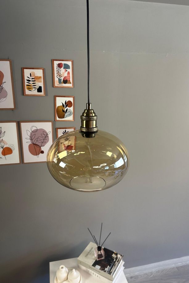 Solvia Cam Bal Rengi Tekli Avize Lale Başlık Retro Sarkıt Lamba Salon Aydınlatma - 3
