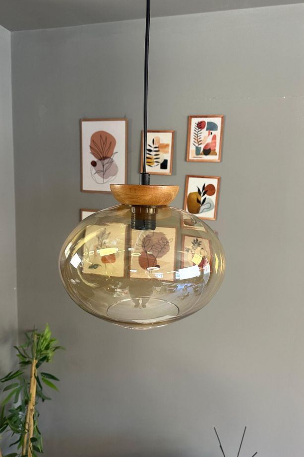 Solvia Cam Bal Rengi Tekli Avize Tabak Ahşap Başlık Retro Sarkıt Lamba Salon Aydınlatma - 5