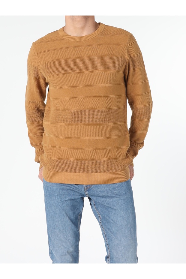 Regular Fit Yuvarlak Yaka Erkek Sari Kazak - 1