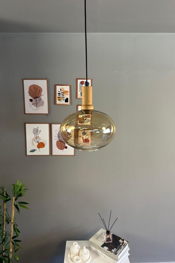 Solvia Cam Bal Rengi Tekli Avize Ahşap Fener Başlık Retro Sarkıt Lamba Salon Aydınlatma - 4