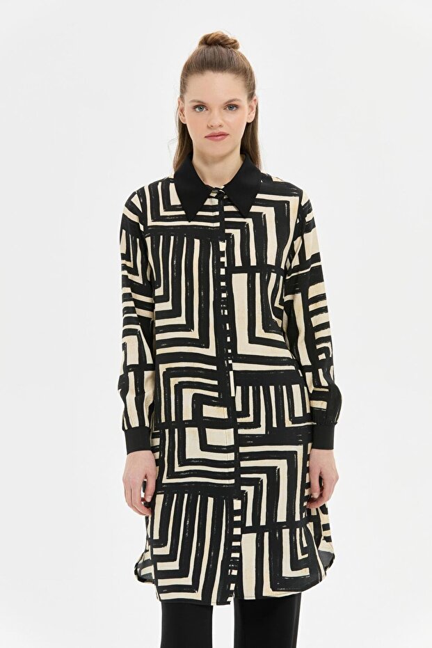 Geometrik Desenli Vual Siyah-Bej Tunik Siyah - 5