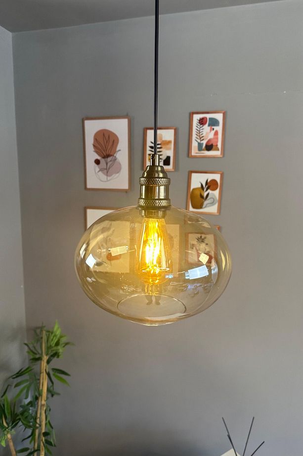 Solvia Cam Bal Rengi Tekli Avize Lale Başlık Retro Sarkıt Lamba Salon Aydınlatma - 4
