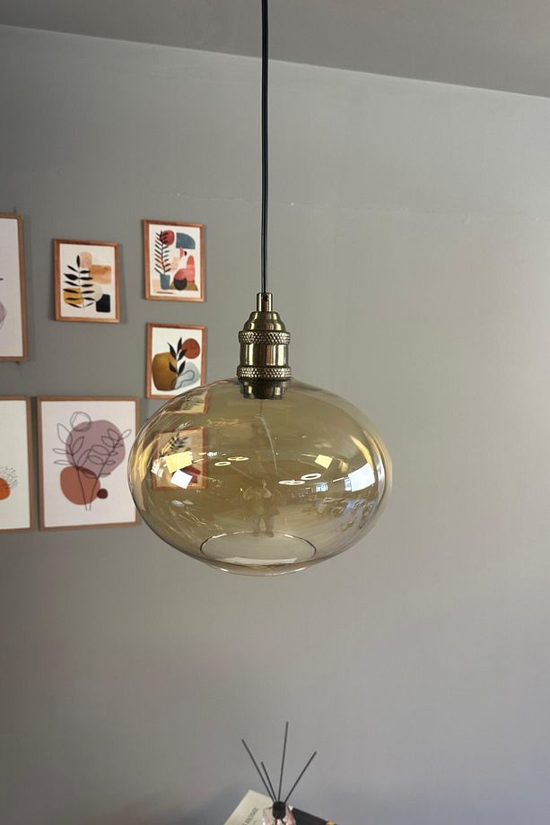 Solvia Cam Bal Rengi Tekli Avize Lale Başlık Retro Sarkıt Lamba Salon Aydınlatma - 1