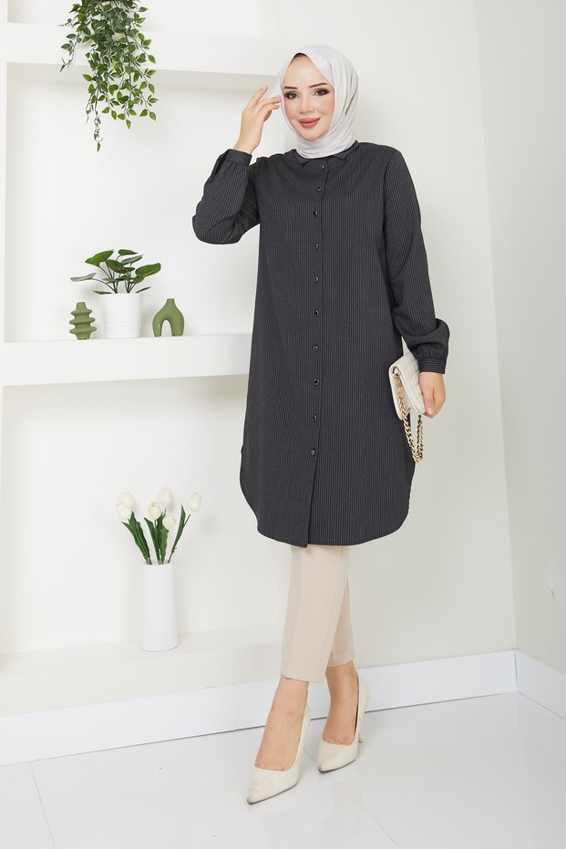 Hijab Women's Buttoned Seasonal Striped Tunic Clothing 61052 61053