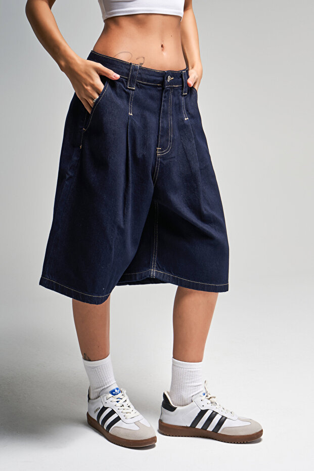 Women's Indigo Color 7S5-50 Skater Fit Maxi Length Loose Cut 100% Cotton Denim Bermuda Shorts