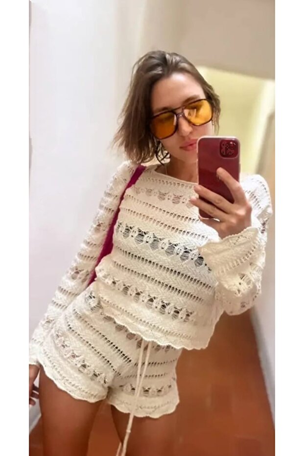 Women's Openwork Summer Bottom Top Shorts Suit