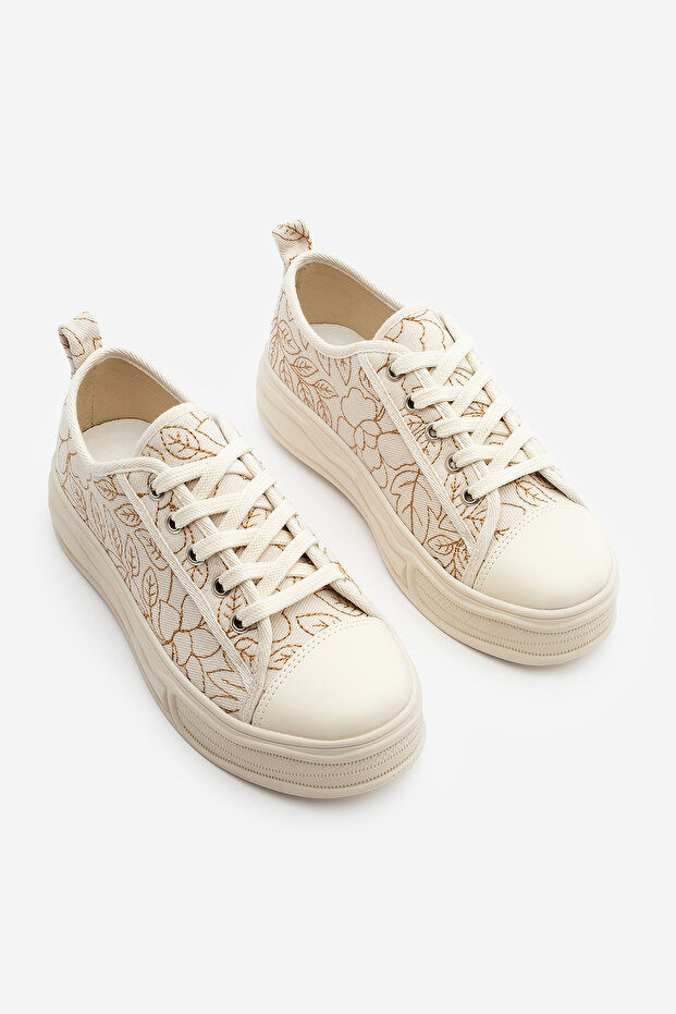 Damskie trampki sznurowane z haftem lniane Magis Ecru - 5