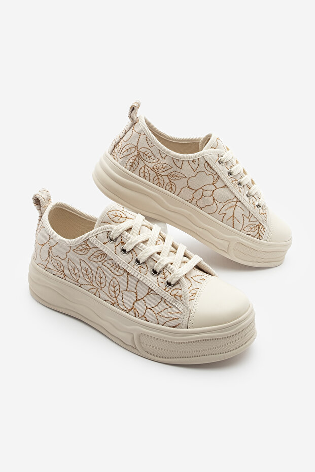 Damskie trampki sznurowane z haftem lniane Magis Ecru - 1