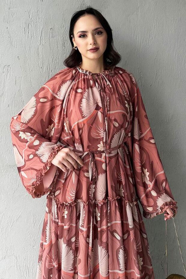Efsa Floral Patterned Chiffon Dress-Beige