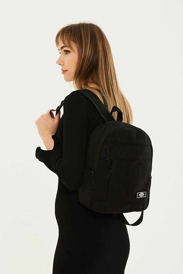 Black U1 3 Zipper 5 Compartment Canvas Fabric Unisex School Sports Daily Use Backpack U:35