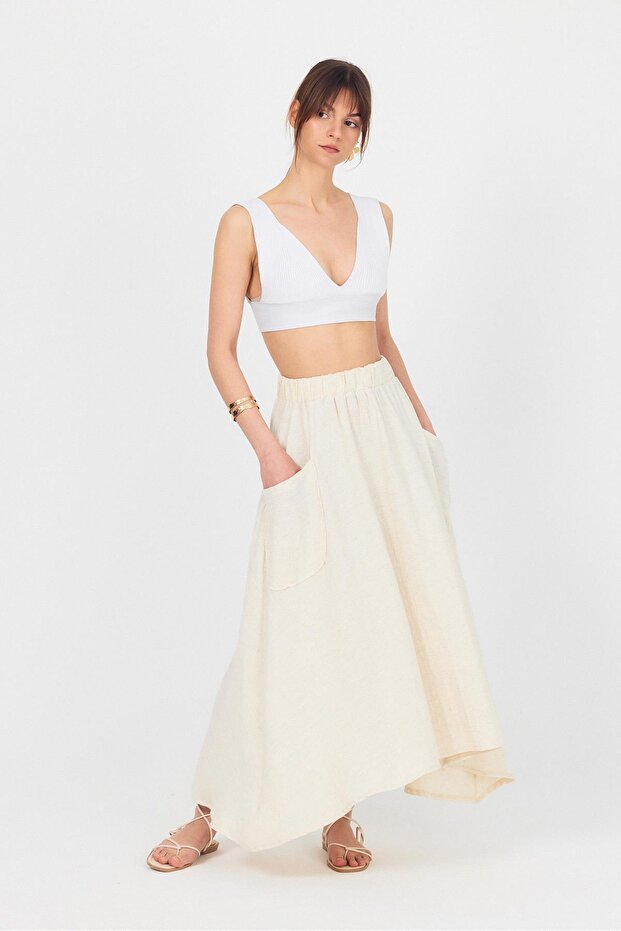 Natural Side Pocket Muslin Linen A-Line Skirt 4713A